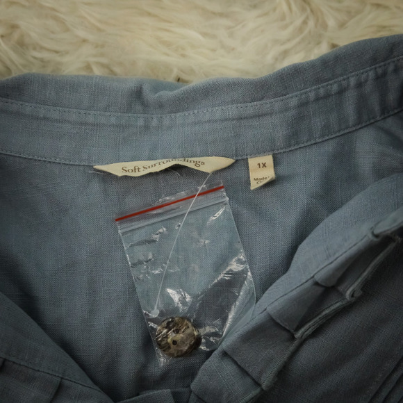 Soft Surroundings Plus Size 1X Gray Ruffle Pleated Button Linen Blend Tunic Top - Picture 4 of 6